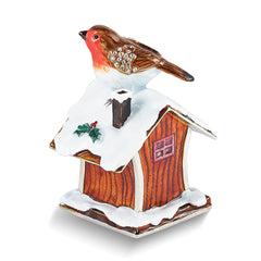 Luxury Giftware by Jere Bejeweled Crystals Silver-tone Enameled BERTIE Robin on Bird House Trinket Box with Matching 18 Inch Necklace