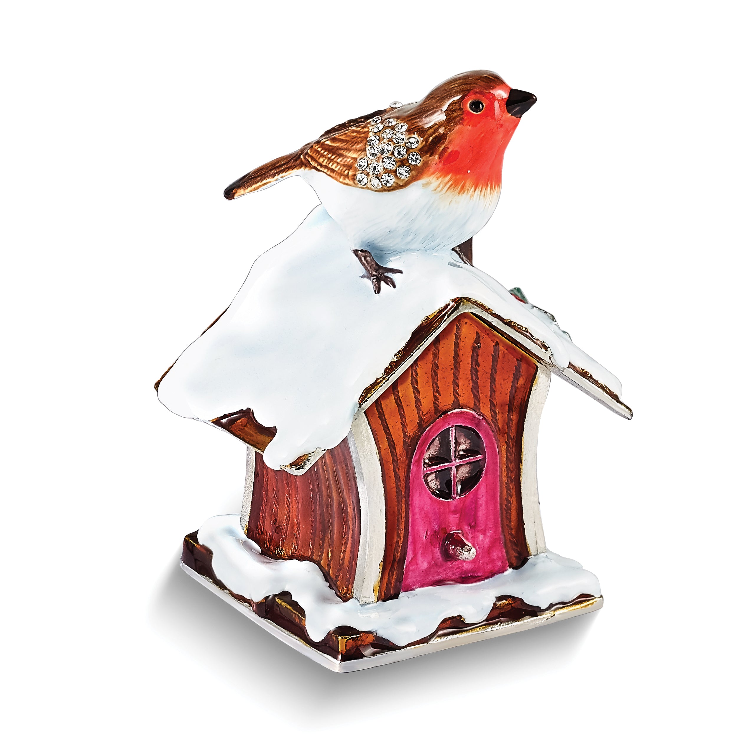Luxury Giftware by Jere Bejeweled Crystals Silver-tone Enameled BERTIE Robin on Bird House Trinket Box with Matching 18 Inch Necklace