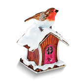 Luxury Giftware by Jere Bejeweled Crystals Silver-tone Enameled BERTIE Robin on Bird House Trinket Box with Matching 18 Inch Necklace
