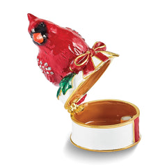Luxury Giftware by Jere Bejeweled Crystals Gold-tone Enameled CHAS Red Cardinal on White Trinket Box with Matching 18 Inch Necklace
