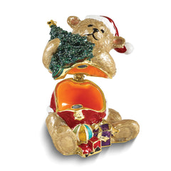 Luxury Giftware by Jere Bejeweled HOLLY BEAR Brown Bear with Tree Trinket Box with Matching 18 Inch Necklace