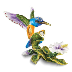 Luxury Giftware by Jere Bejeweled Crystals Gold-tone Enameled GRACEFUL FLIGHT Blue/Purple/Green Hummingbird Trinket Box with Matching 18 Inch Necklace