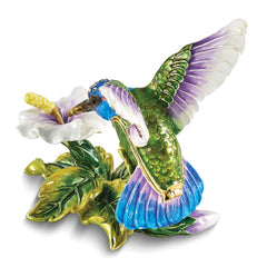 Luxury Giftware by Jere Bejeweled Crystals Gold-tone Enameled GRACEFUL FLIGHT Blue/Purple/Green Hummingbird Trinket Box with Matching 18 Inch Necklace