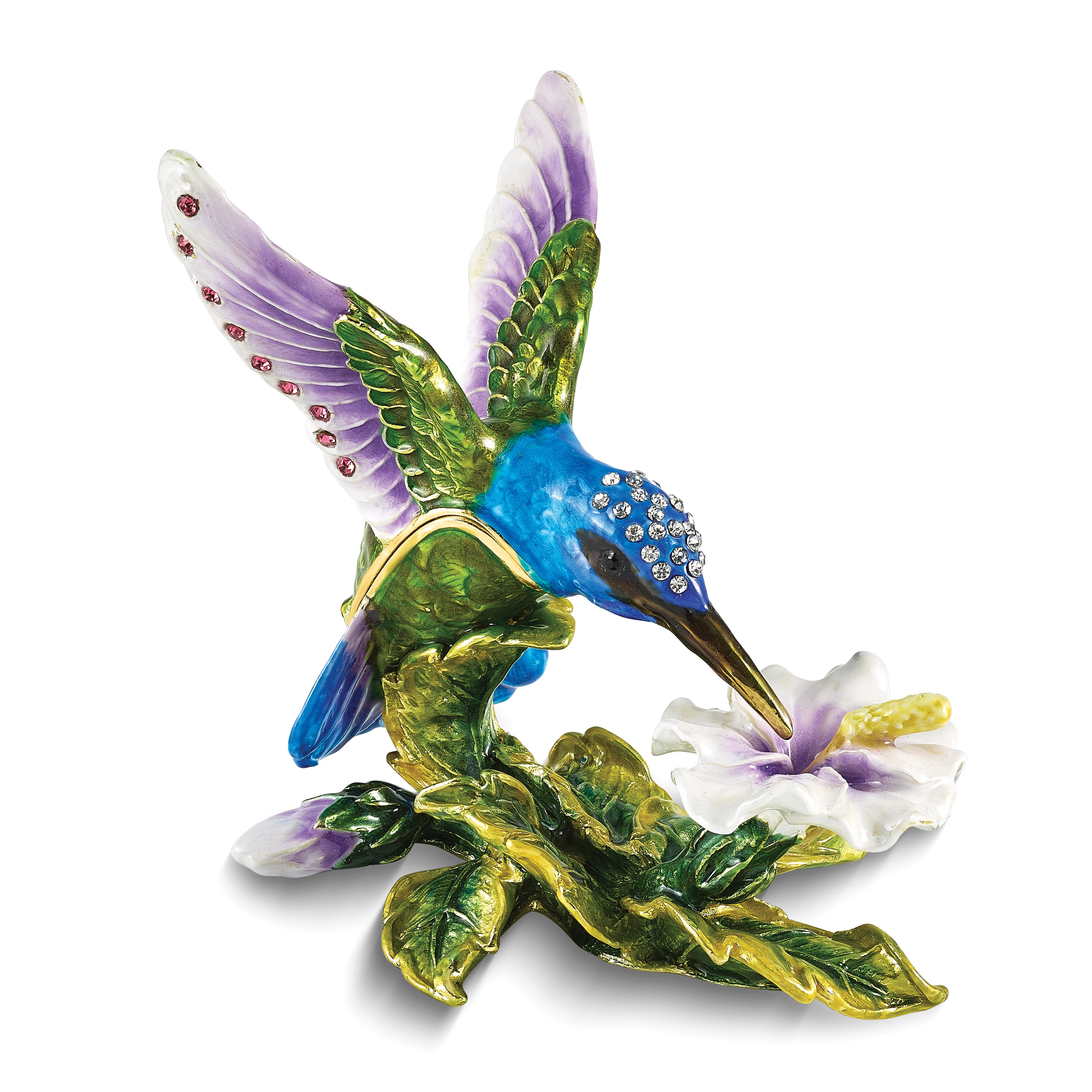 Luxury Giftware by Jere Bejeweled Crystals Gold-tone Enameled GRACEFUL FLIGHT Blue/Purple/Green Hummingbird Trinket Box with Matching 18 Inch Necklace