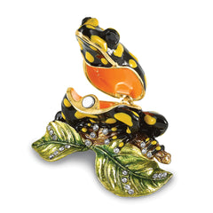 Luxury Giftware by Jere Bejeweled DART Black and Yellow Frog on Leaves Trinket Box with Matching 18 inch Necklace