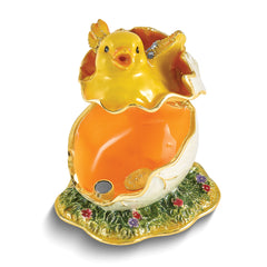 Luxury Giftware by Jere Bejeweled Crystal Gold-tone Enamelled DAISY Yellow Chick Hatching from Egg Trinket Box with Matching 18 Inch Necklace
