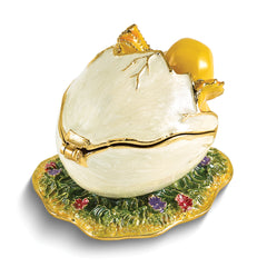 Luxury Giftware by Jere Bejeweled Crystal Gold-tone Enamelled DAISY Yellow Chick Hatching from Egg Trinket Box with Matching 18 Inch Necklace