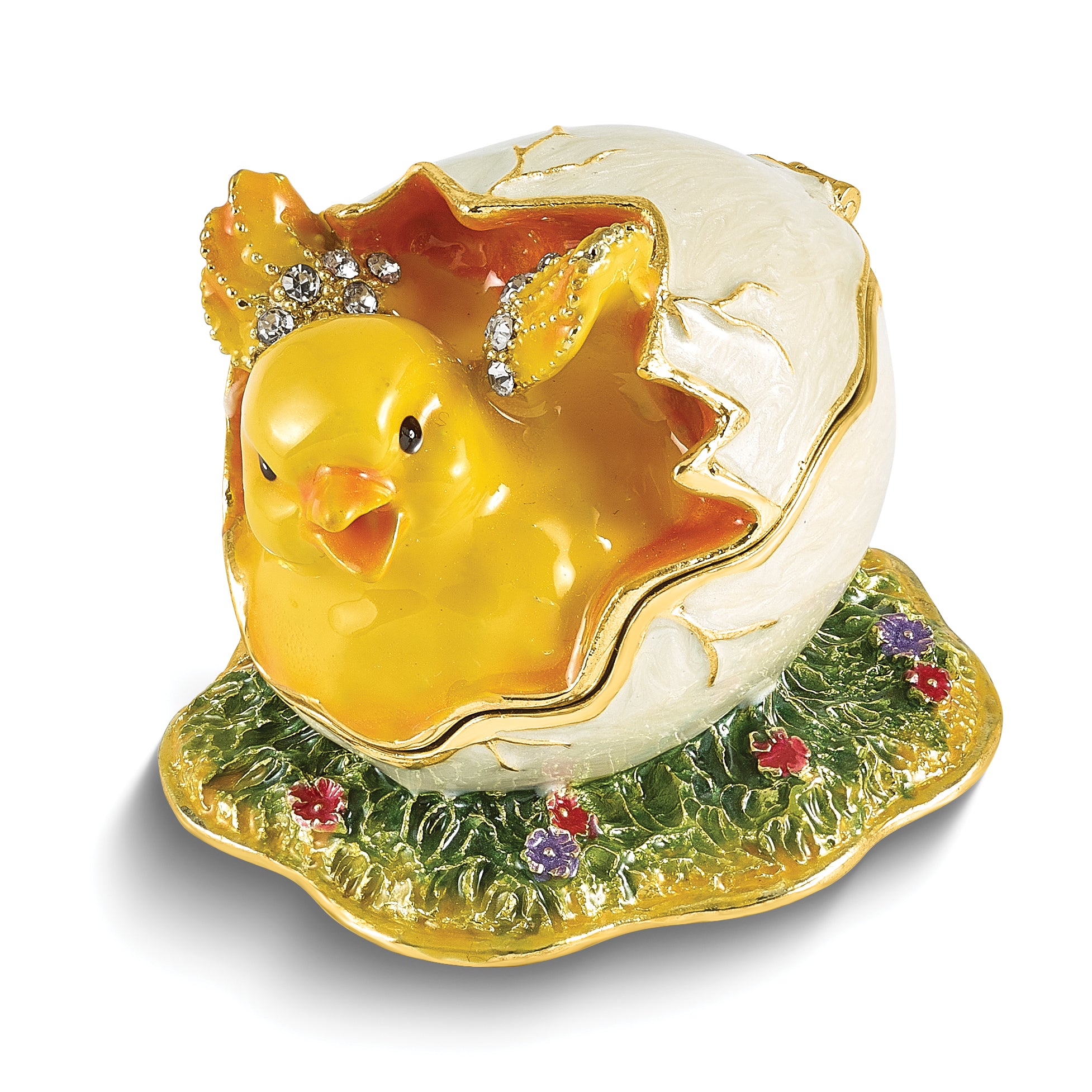 Luxury Giftware by Jere Bejeweled Crystal Gold-tone Enamelled DAISY Yellow Chick Hatching from Egg Trinket Box with Matching 18 Inch Necklace