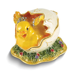 Luxury Giftware by Jere Bejeweled Crystal Gold-tone Enamelled DAISY Yellow Chick Hatching from Egg Trinket Box with Matching 18 Inch Necklace