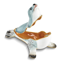 Luxury Giftware by Jere Pewter Bejeweled Crystals Gold-tone Enameled PINNY Grey Seal Trinket Box with Matching 18 Inch Necklace