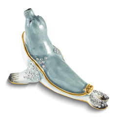 Luxury Giftware by Jere Pewter Bejeweled Crystals Gold-tone Enameled PINNY Grey Seal Trinket Box with Matching 18 Inch Necklace