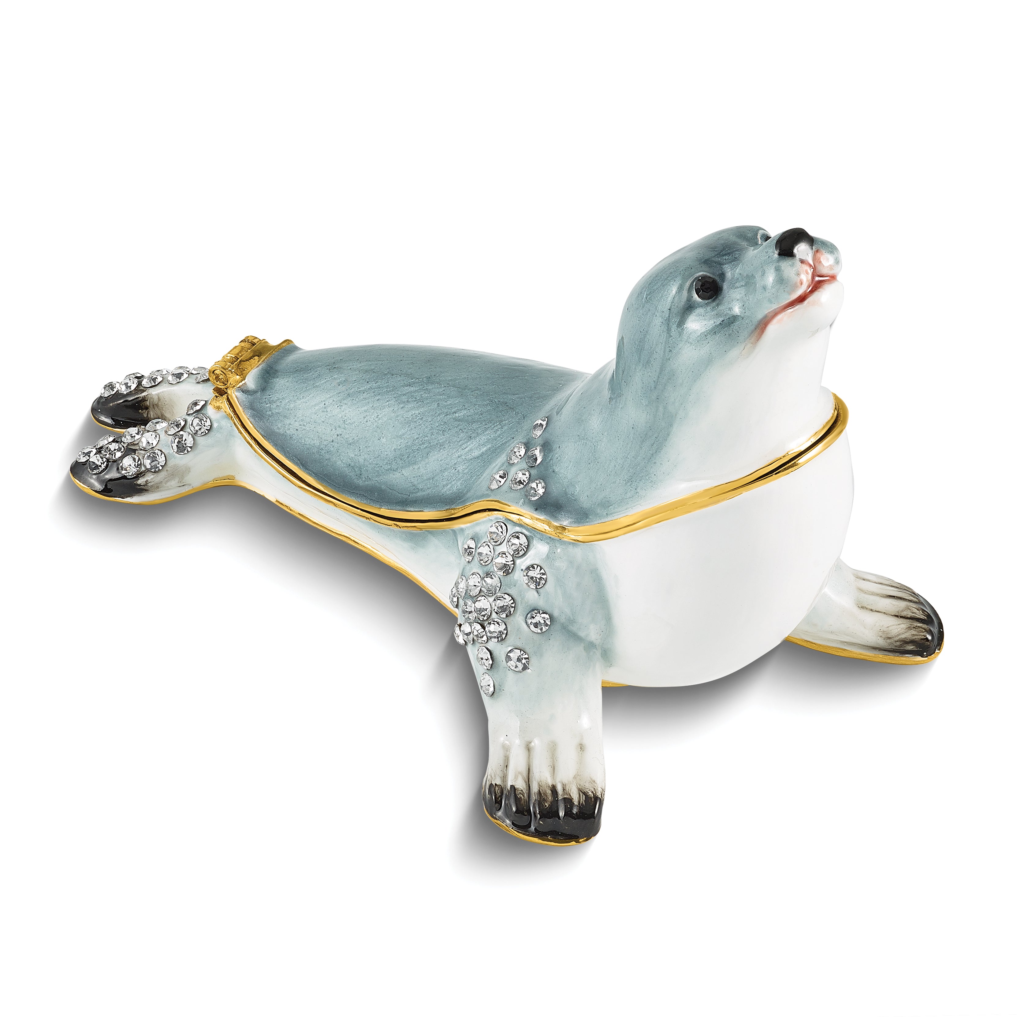 Luxury Giftware by Jere Pewter Bejeweled Crystals Gold-tone Enameled PINNY Grey Seal Trinket Box with Matching 18 Inch Necklace