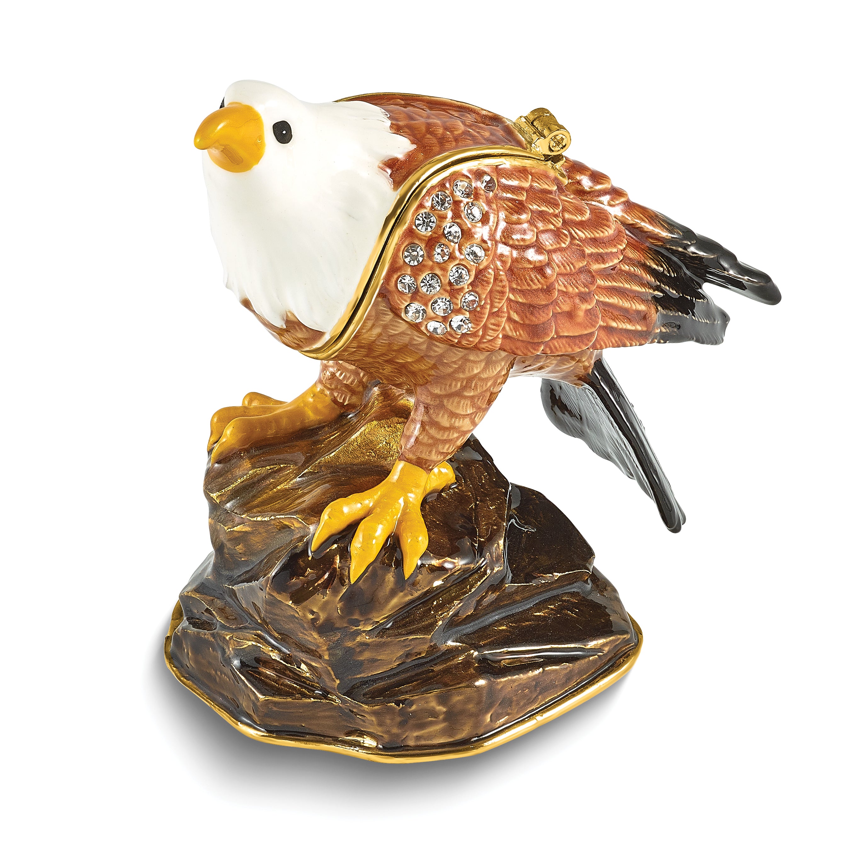Luxury Giftware by Jere Bejeweled EXCALIBUR Bald Eagle on Rock Trinket Box with Matching 18 inch Necklace