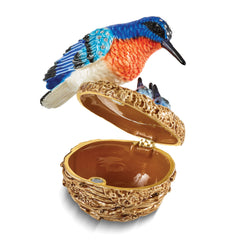 Luxury Giftware by Jere Bejeweled Crystal Enameled RYANN Kingfisher Bird with Babies Trinket Box with Matching 18 Inch Necklace