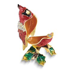 Luxury Giftware by Jere Bejeweled Crystal Gold-tone Enameled CARMINE Cardinal on Holly Branch Trinket Box and Matching 18 Inch Necklace