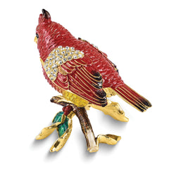 Luxury Giftware by Jere Bejeweled Crystal Gold-tone Enameled CARMINE Cardinal on Holly Branch Trinket Box and Matching 18 Inch Necklace