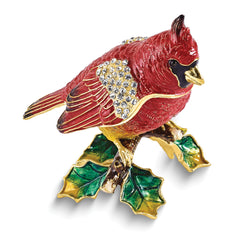 Luxury Giftware by Jere Bejeweled Crystal Gold-tone Enameled CARMINE Cardinal on Holly Branch Trinket Box and Matching 18 Inch Necklace