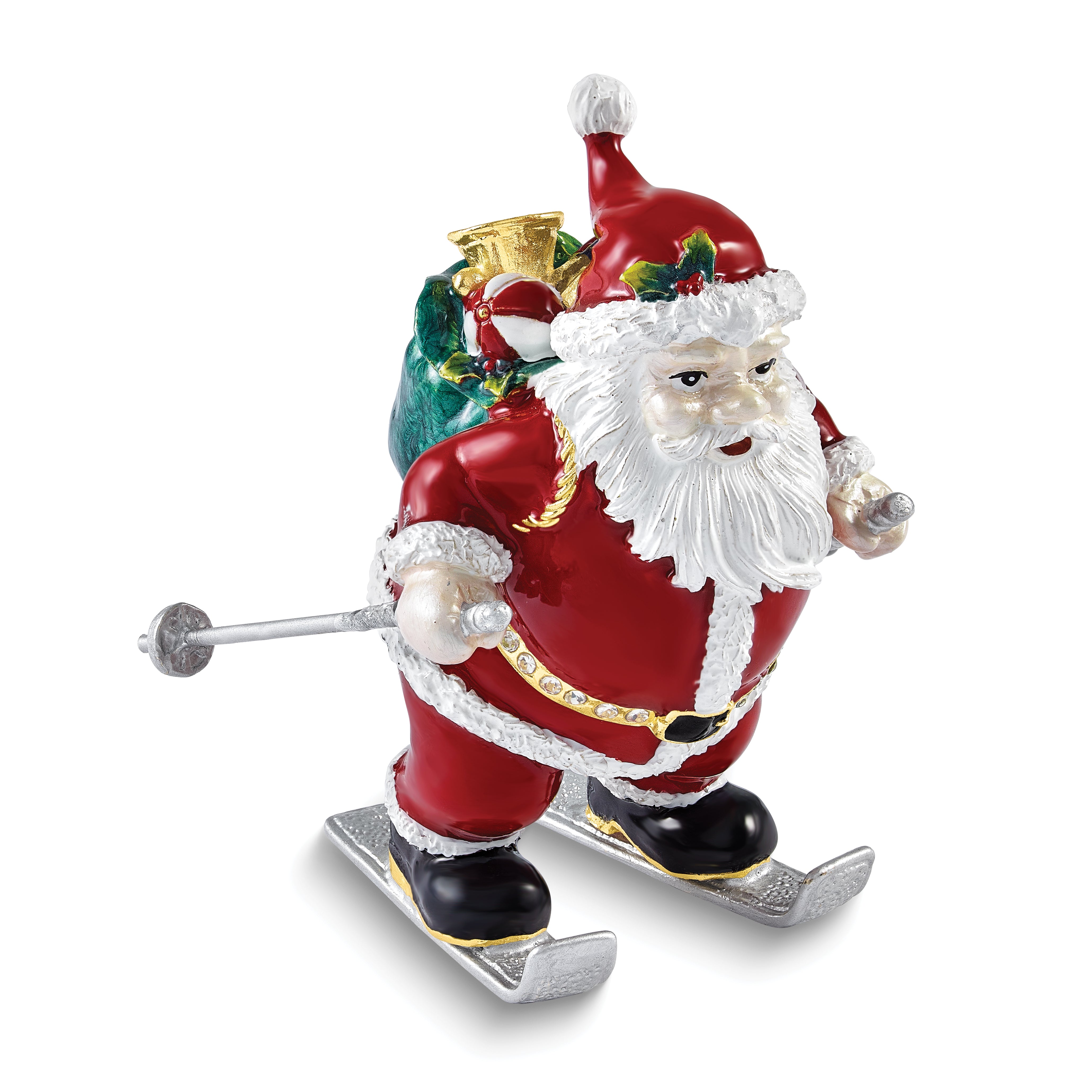 Luxury Giftware by Jere Bejeweled HITTING THE SLOPES Skiing Santa Trinket Box with Matching 18 inch Necklace