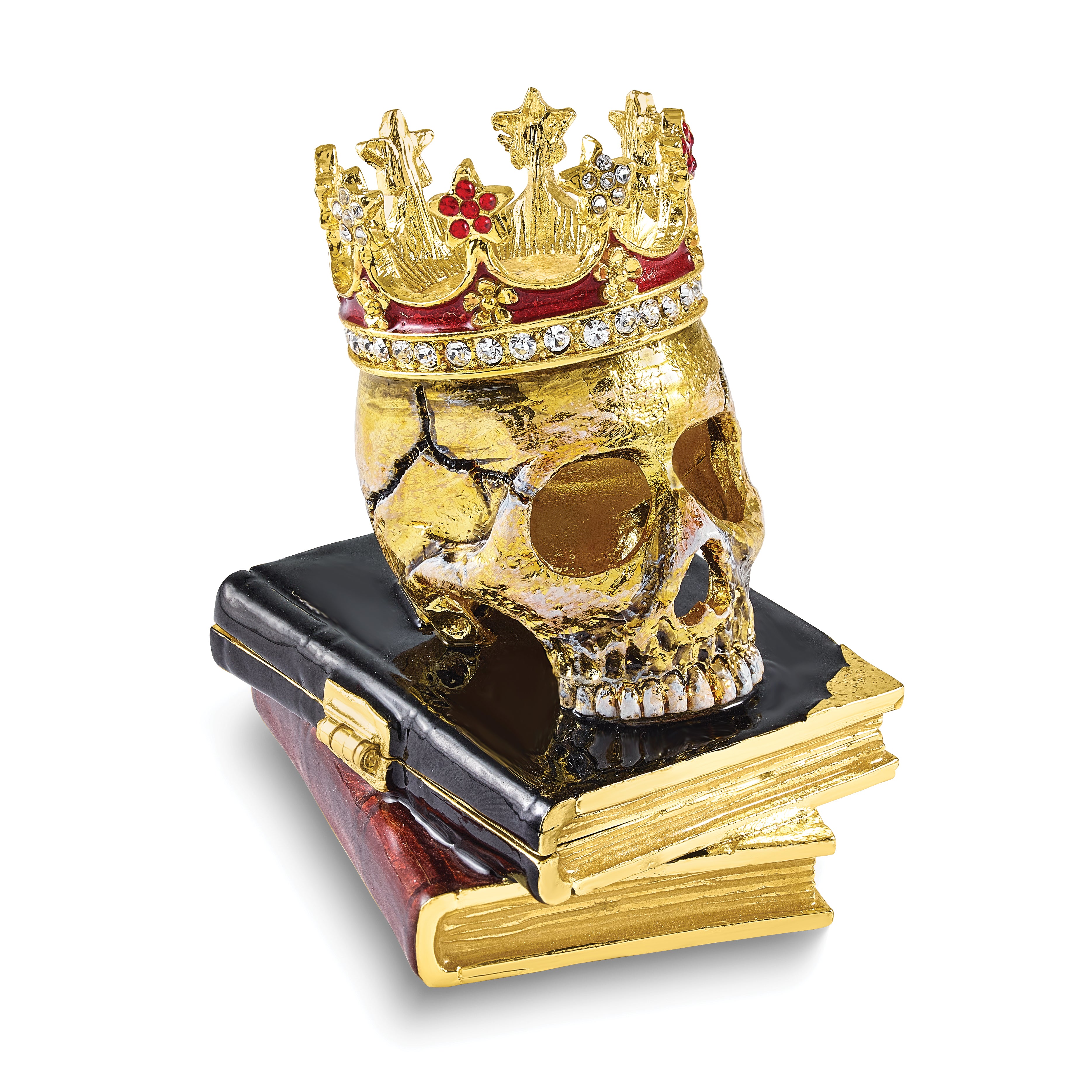 Luxury Giftware by Jere Bejeweled SHAKESPEARE Crowned Skull on Books Trinket Box with Matching 18 inch Necklace