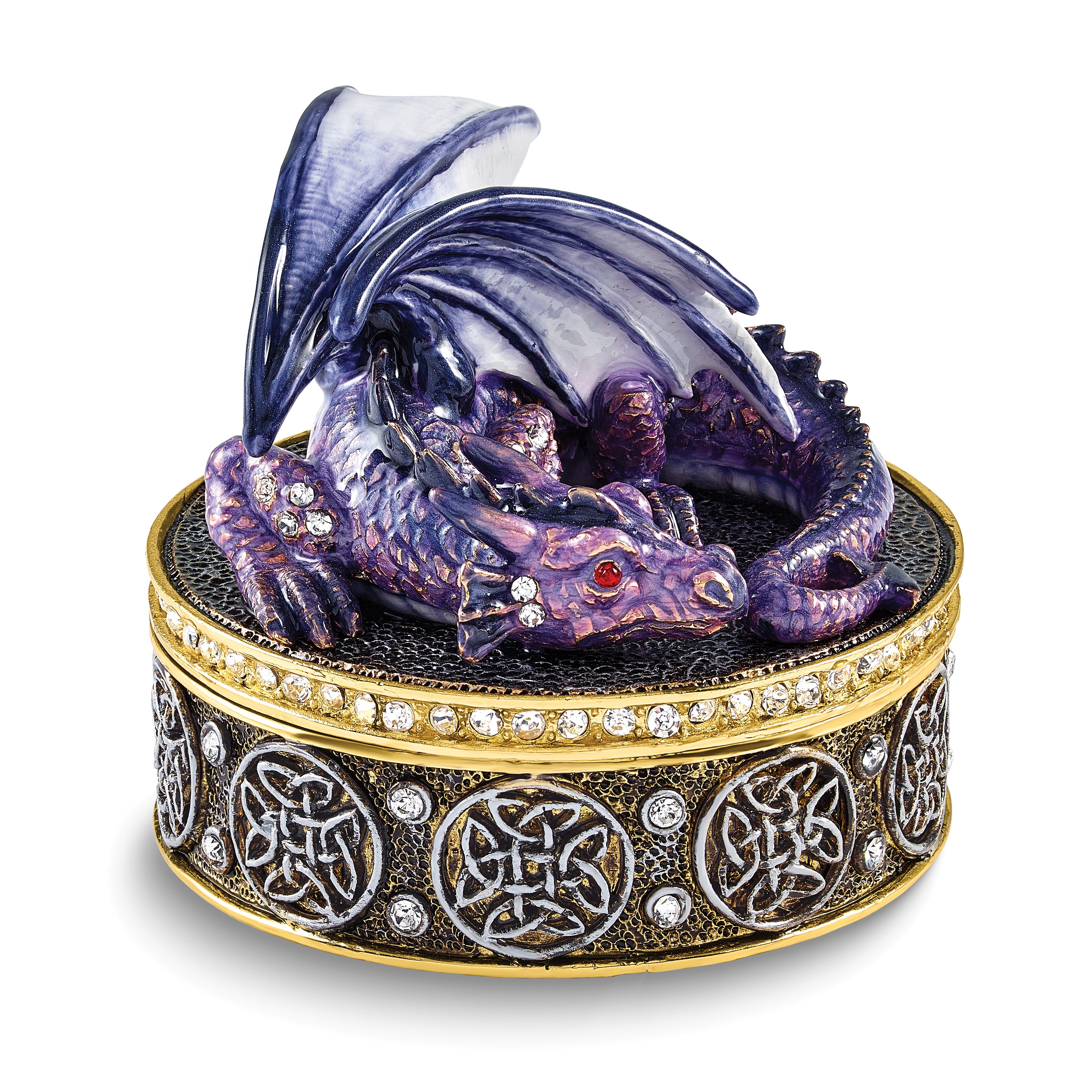 Luxury Giftware by Jere Bejeweled KAIDA Resting Purple Dragon Trinket Box with Matching 18 inch Necklace