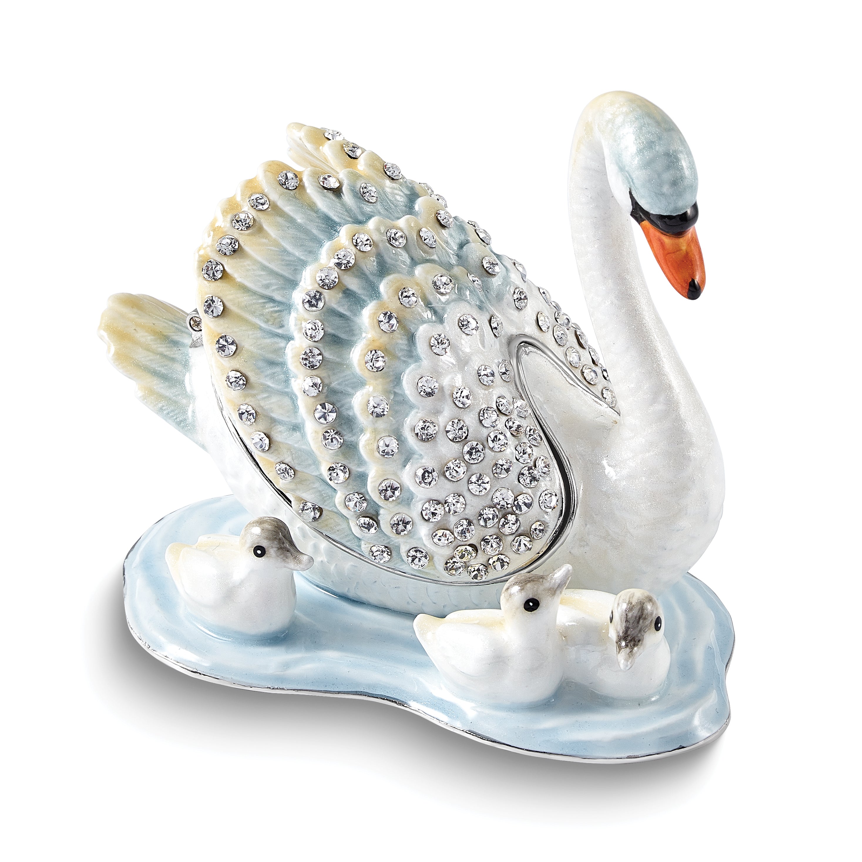 Luxury Giftware by Jere Bejeweled LEDAS DEVOTION Swan Family Trinket Box with Matching 18 inch Necklace