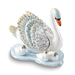 Luxury Giftware by Jere Bejeweled LEDAS DEVOTION Swan Family Trinket Box with Matching 18 inch Necklace