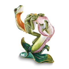 Luxury Giftware by Jere Bejeweled FLETCHER Frog with Baby Climbing on Lily Trinket Box with Matching 18 inch Necklace