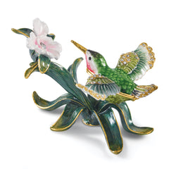 Luxury Giftware by Jere Bejeweled PAIGE Hummingbird on Iris Flower Trinket Box with Matching 18 inch Necklace