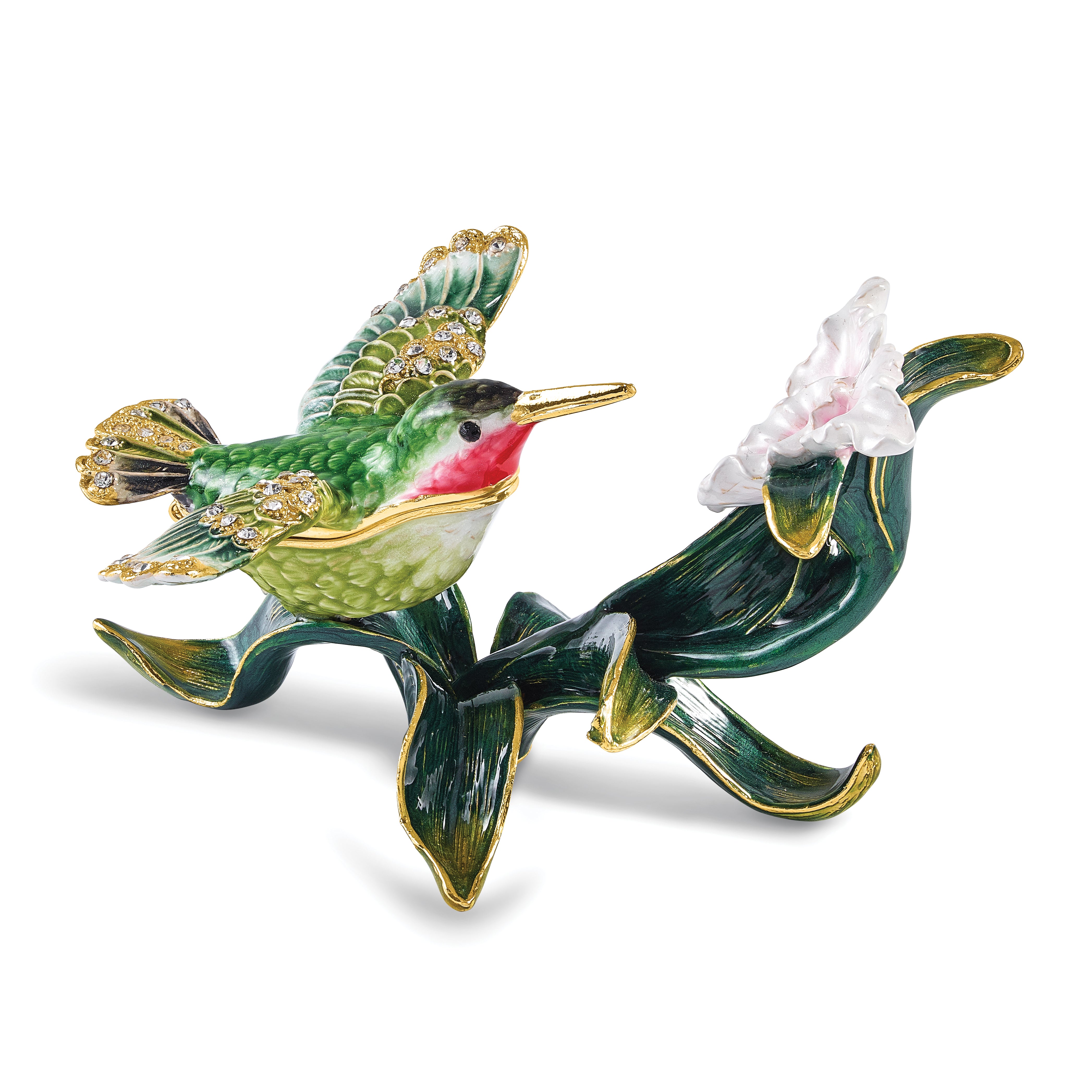 Luxury Giftware by Jere Bejeweled PAIGE Hummingbird on Iris Flower Trinket Box with Matching 18 inch Necklace