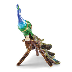 Luxury Giftware by Jere Bejeweled BLUEBELL Peacock on Branch Trinket Box with Matching 18 inch Necklace