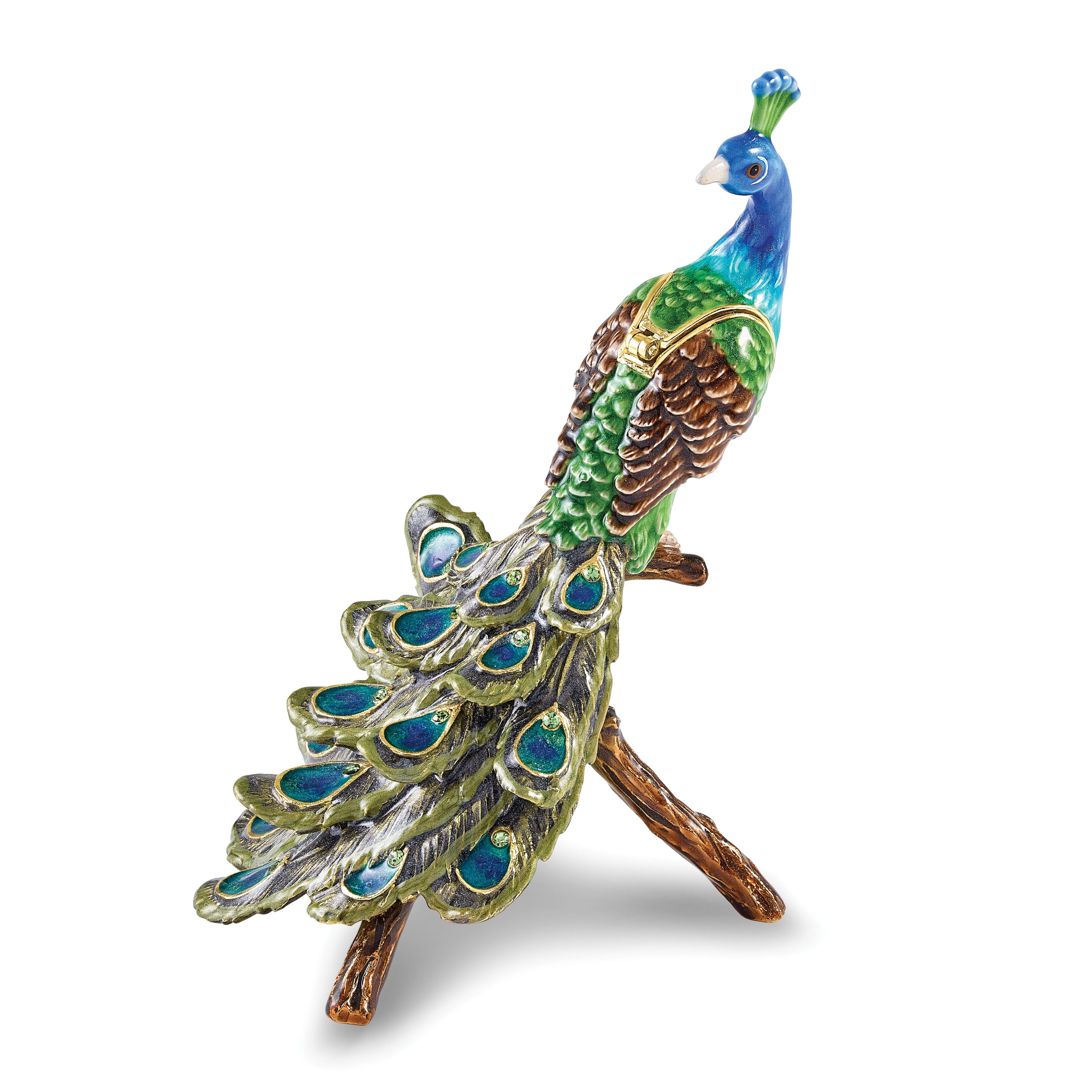 Luxury Giftware by Jere Bejeweled BLUEBELL Peacock on Branch Trinket Box with Matching 18 inch Necklace