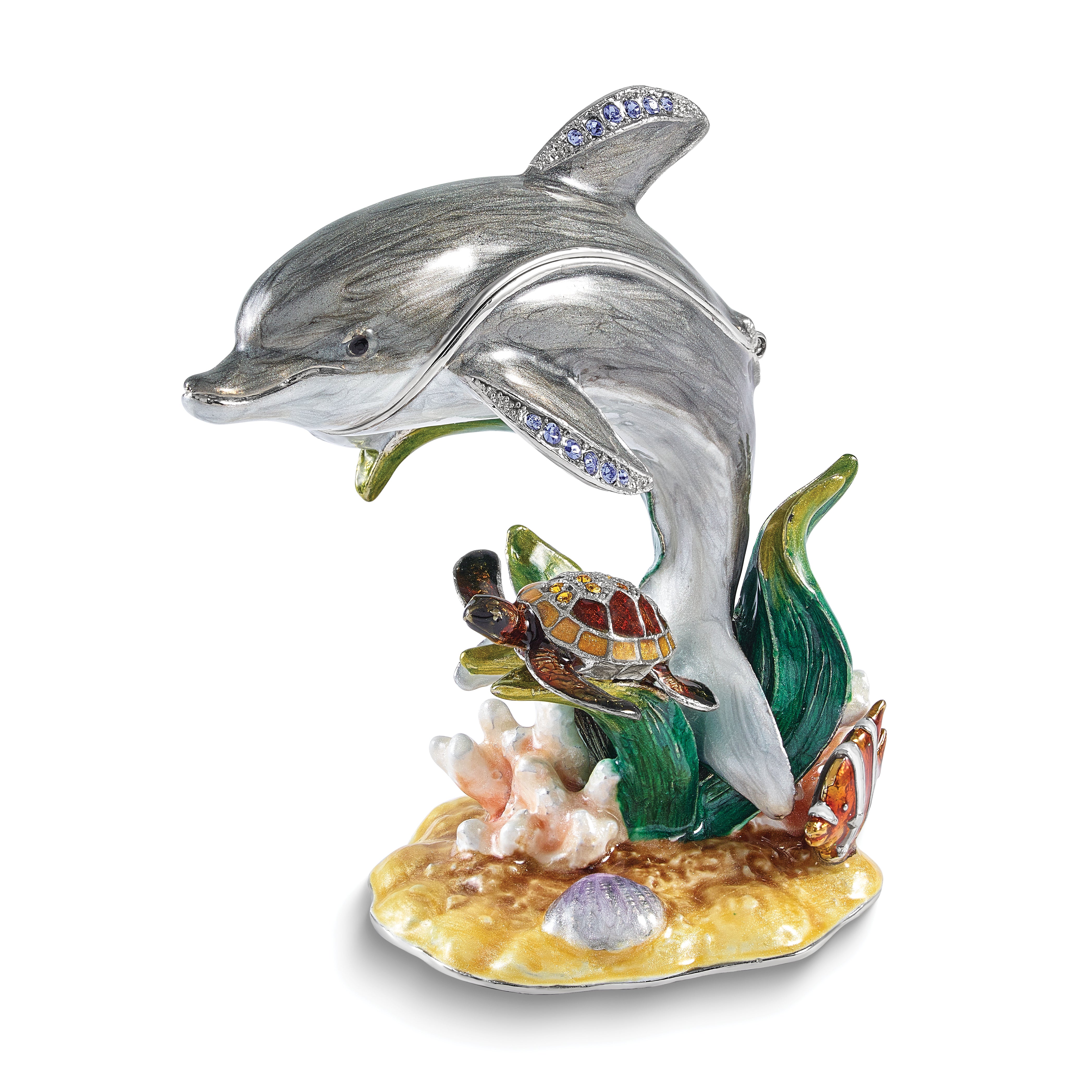 Luxury Giftware by Jere Bejeweled TRANQUIL REEF Dolphin with Turtle and Fish Trinket Box with Matching 18 inch Necklace