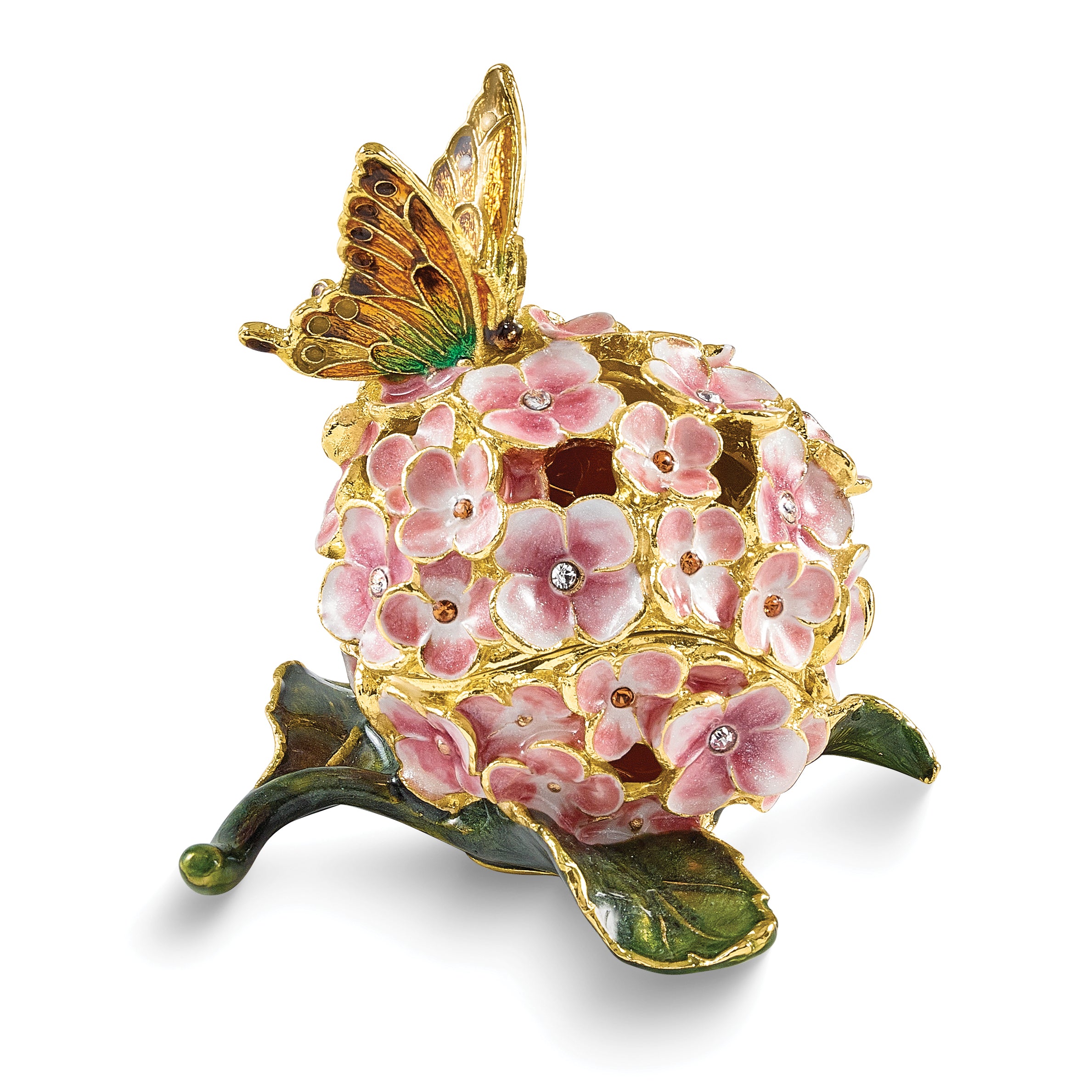 Luxury Giftware by Jere Bejeweled BASHFUL Butterfly on Hydrangea Trinket Box with Matching 18 inch Necklace