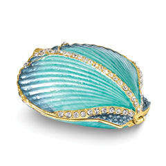 Luxury Giftware by Jere Bejeweled CYAN Blue Clam Shell Trinket Box with Matching 18 inch Necklace