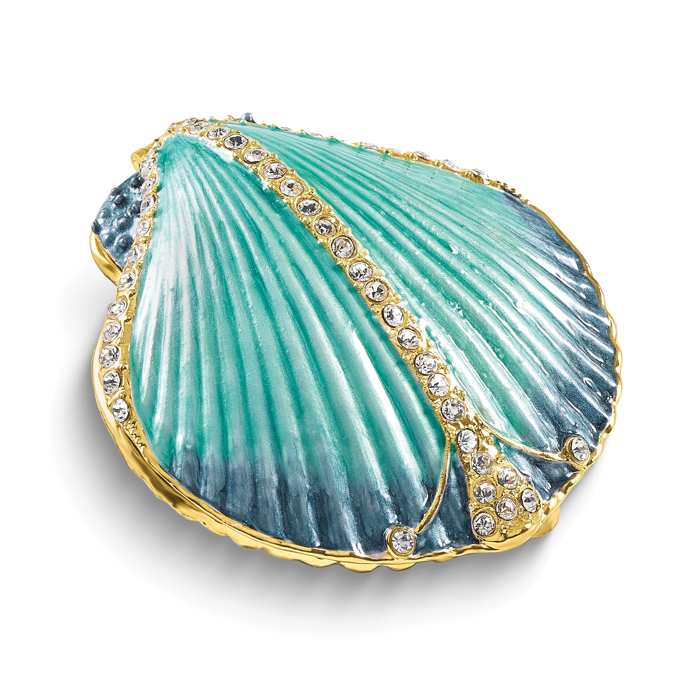 Luxury Giftware by Jere Bejeweled CYAN Blue Clam Shell Trinket Box with Matching 18 inch Necklace