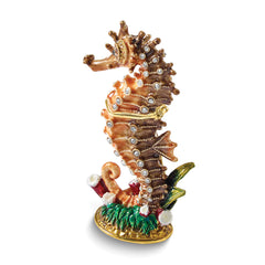 Luxury Giftware by Jere Bejeweled MAJOR Brown and Coral Sea Horse Trinket Box with Matching 18 inch Necklace