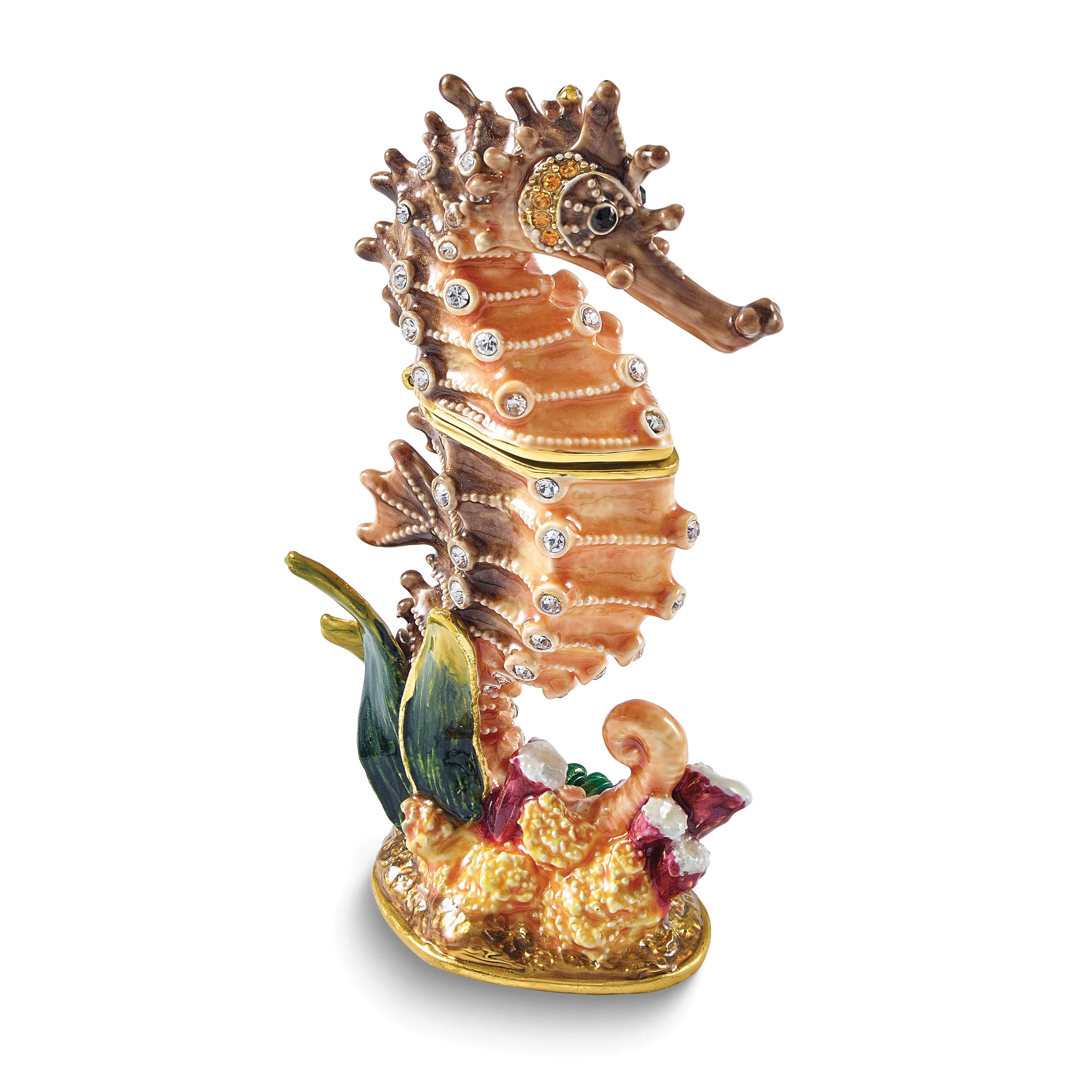 Luxury Giftware by Jere Bejeweled MAJOR Brown and Coral Sea Horse Trinket Box with Matching 18 inch Necklace