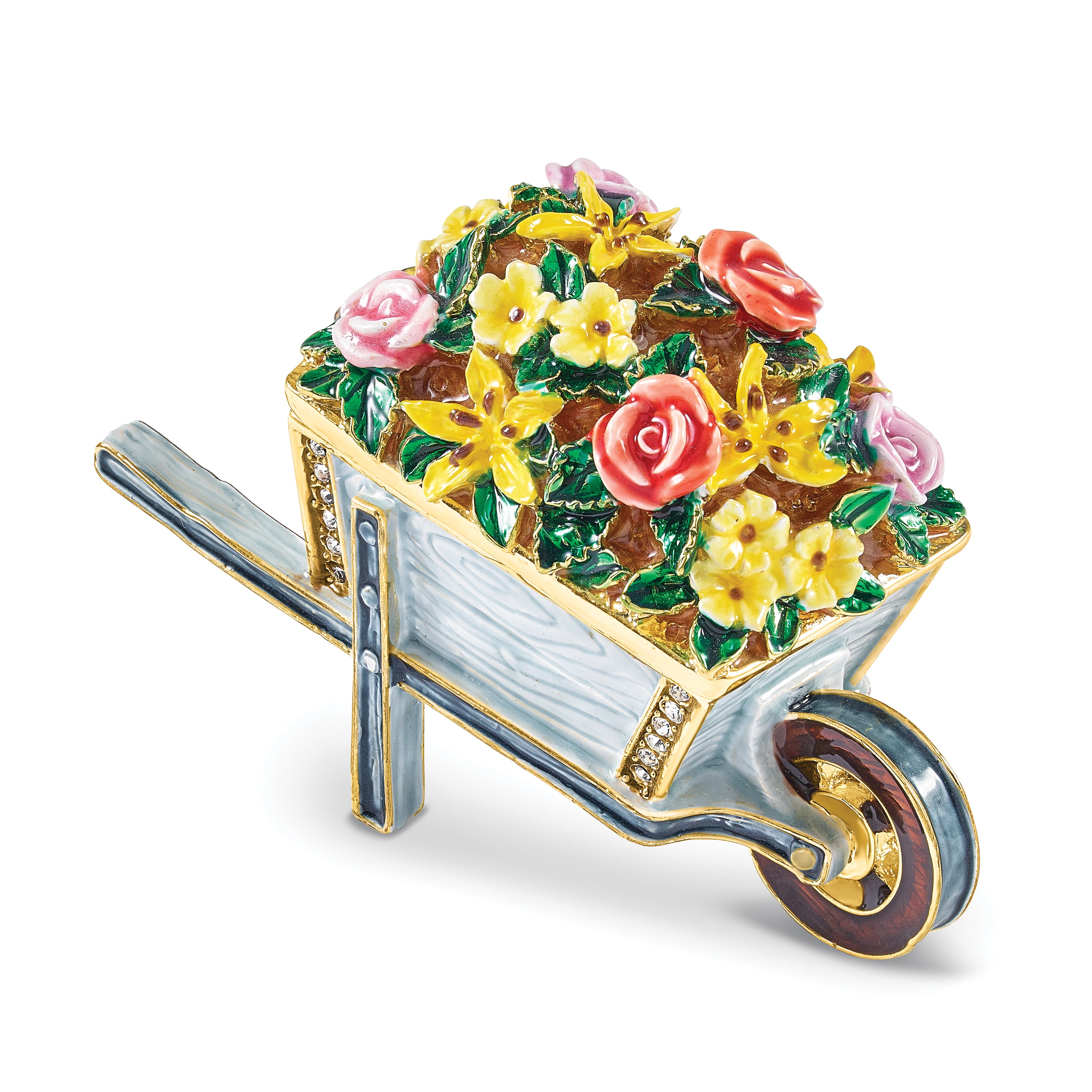 Luxury Giftware by Jere Bejeweled BLOSSOMS Flowers in Wheelbarrow Trinket Box with Matching 18 inch Necklace