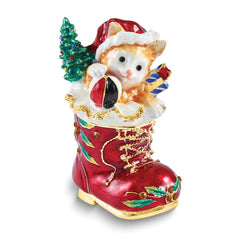 Luxury Giftware by Jere Bejeweled PLAYFUL KITTEN Christmas Cat In Stocking Trinket Box with Matching 18 inch Necklace