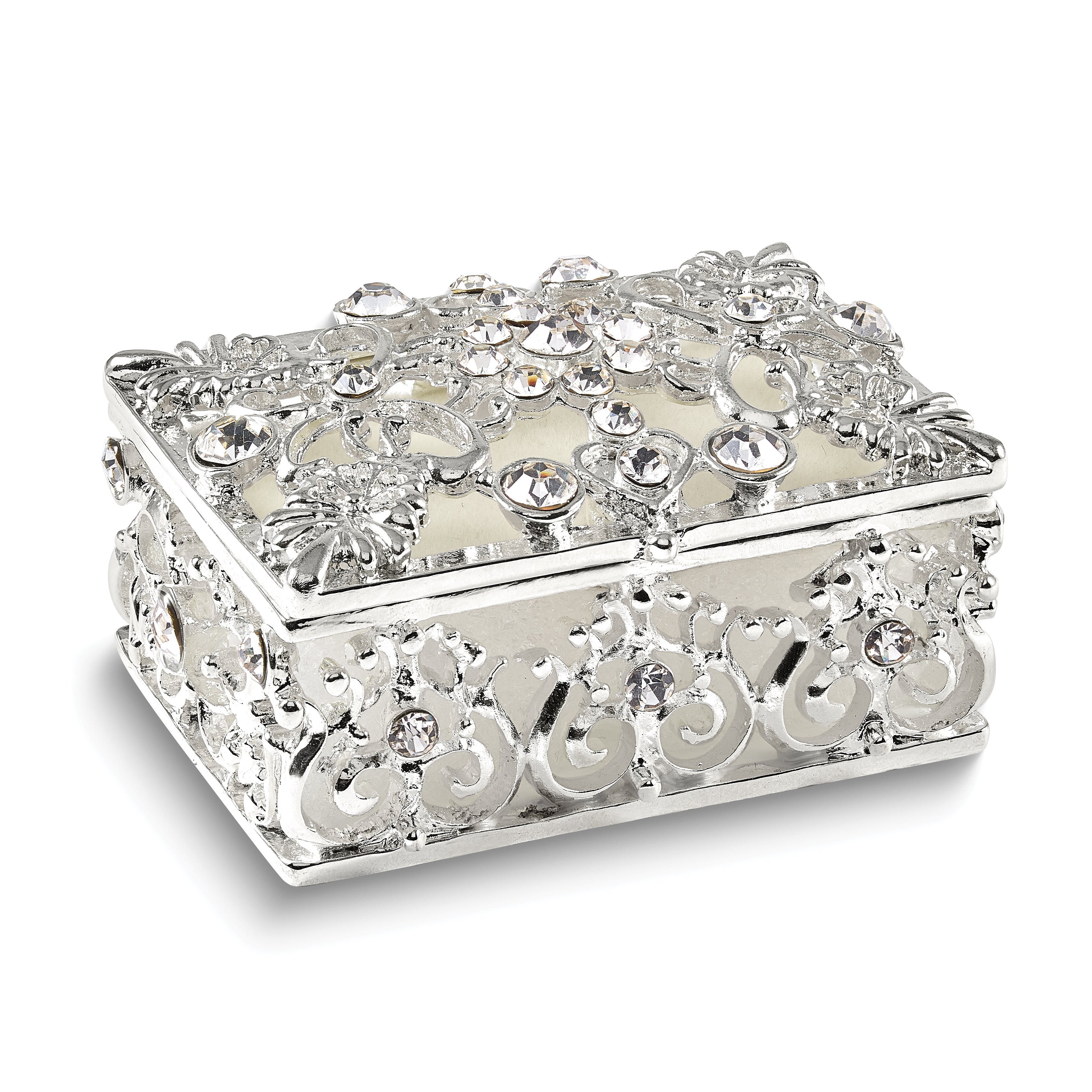 Luxury Giftware by Jere Bejeweled ALLURING Rectangle Silver-tone Heart Trinket Box with Matching 18 inch Necklace