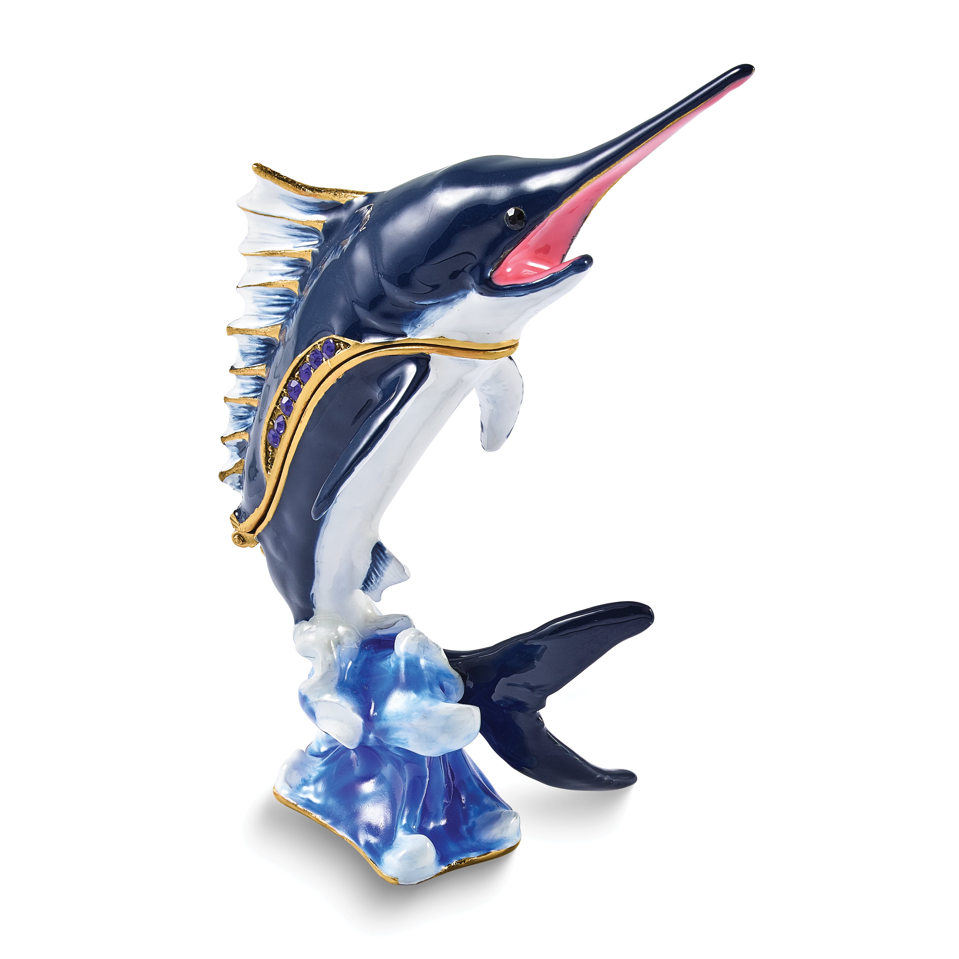 Luxury Giftware by Jere Bejeweled BLADE Swordfish on Wave Trinket Box with Matching 18 inch Necklace