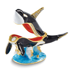 Luxury Giftware by Jere Bejeweled ONYX Killer Whale on Wave Trinket Box with Matching 18 inch Necklace