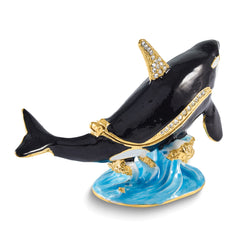 Luxury Giftware by Jere Bejeweled ONYX Killer Whale on Wave Trinket Box with Matching 18 inch Necklace