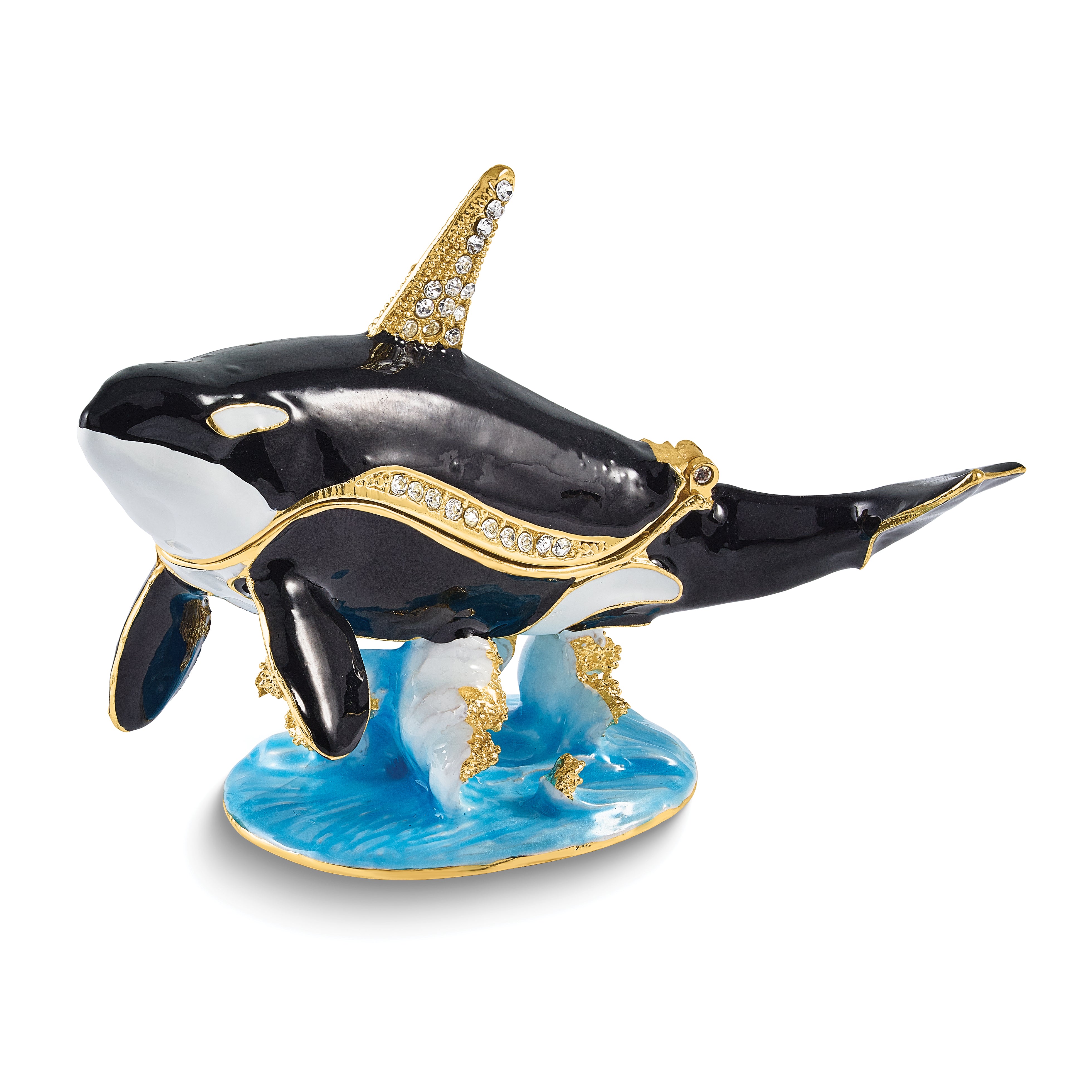 Luxury Giftware by Jere Bejeweled ONYX Killer Whale on Wave Trinket Box with Matching 18 inch Necklace