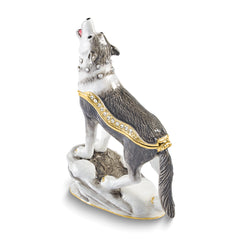 Luxury Giftware by Jere Bejeweled ROAN Howling Wolf Trinket Box with Matching 18 inch Necklace