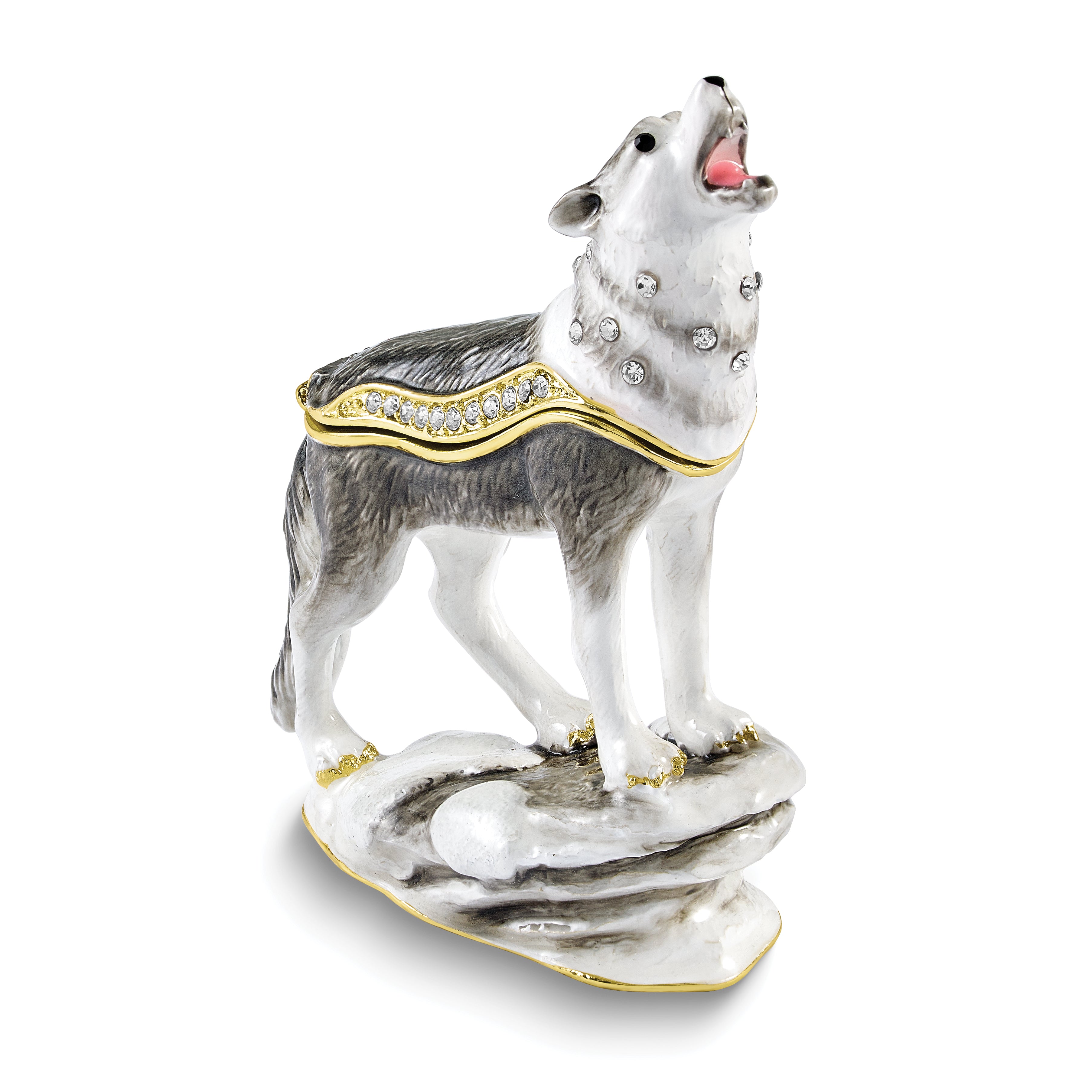 Luxury Giftware by Jere Bejeweled ROAN Howling Wolf Trinket Box with Matching 18 inch Necklace