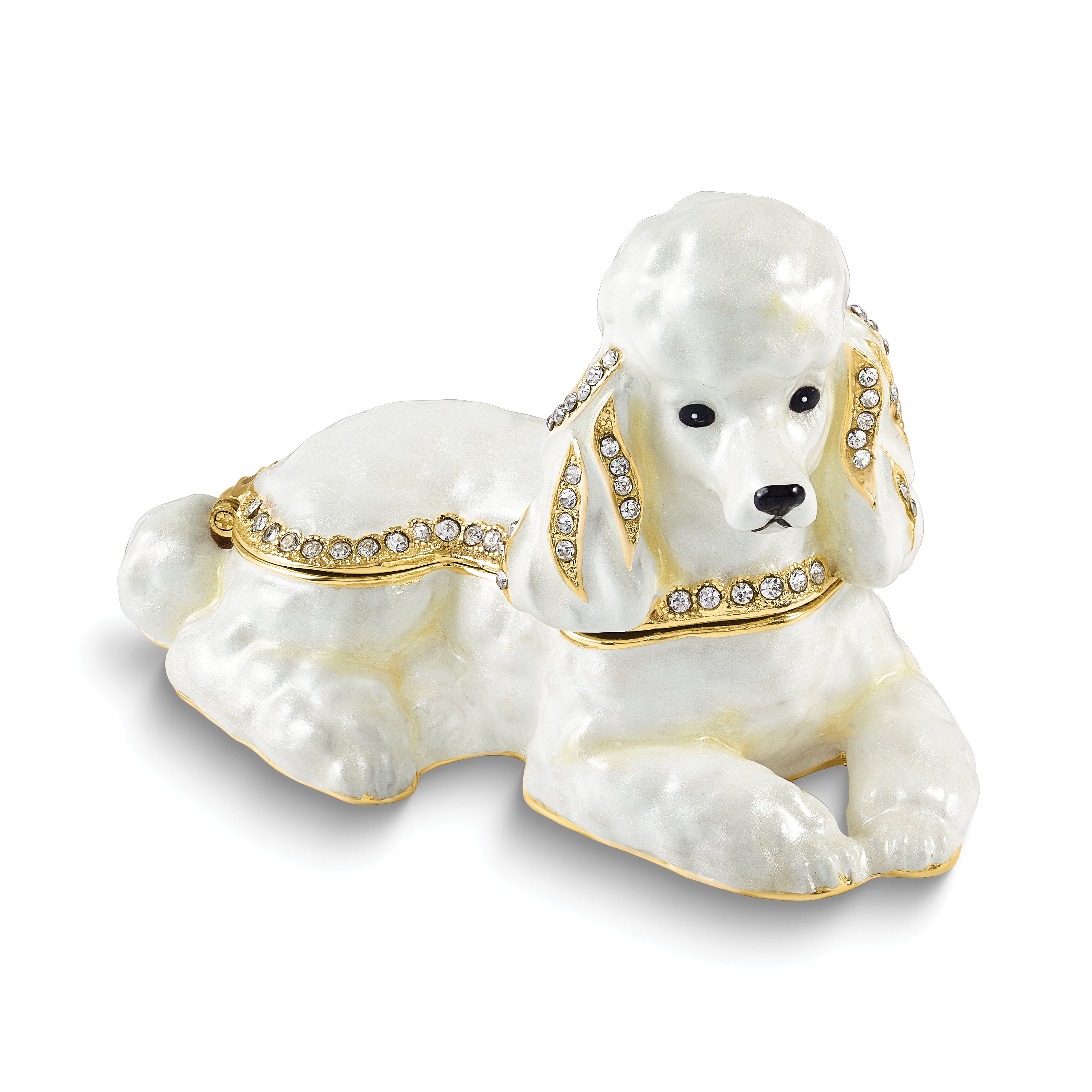 Luxury Giftware by Jere Bejeweled BERNADETTE White Laying Poodle Trinket Box with Matching 18 inch Necklace