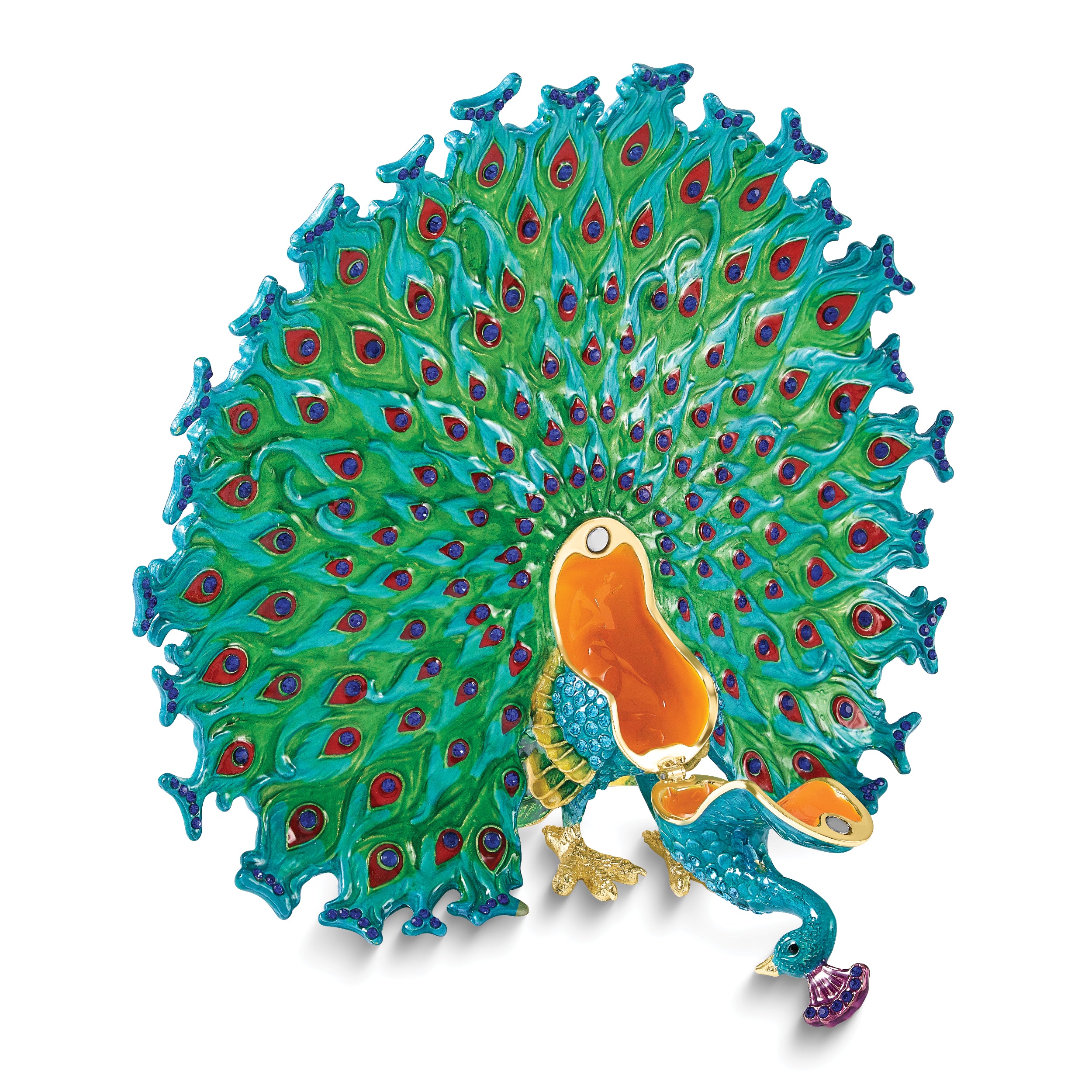 Luxury Giftware by Jere Bejeweled AQUAMARINE Peacock Trinket Box with Matching 18 inch Necklace