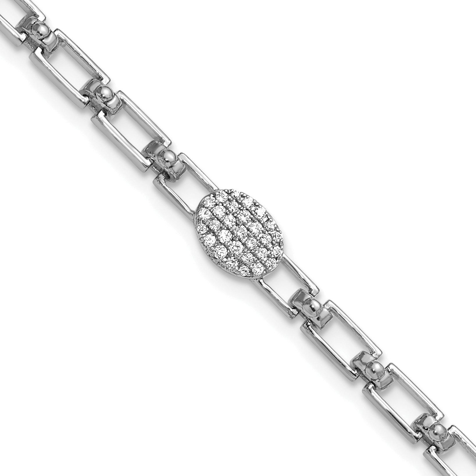 14K White Gold Polished Complete 1/8 carat Diamond Oval Cluster Fancy Link 7 inch Bracelet with 1 inch Extender