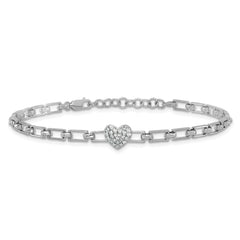 14K White Gold Polished Complete 1/6 carat Diamond Heart Cluster Fancy Link 7 inch Bracelet with 1 inch Extender